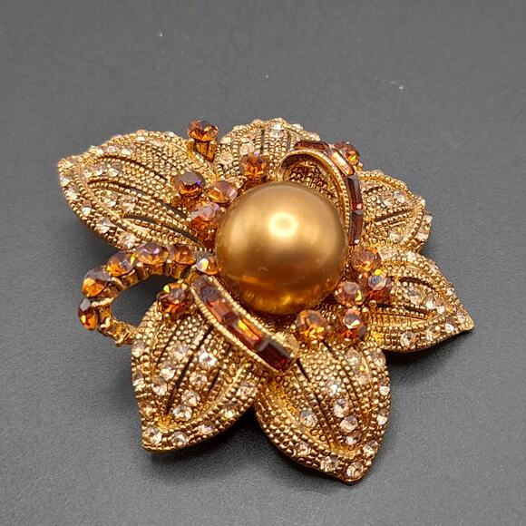 Vintage BJ Rhinestone Faux Pearl Flower Brooch or Pendant - 2 1/4 Inches - Picture 10 of 10